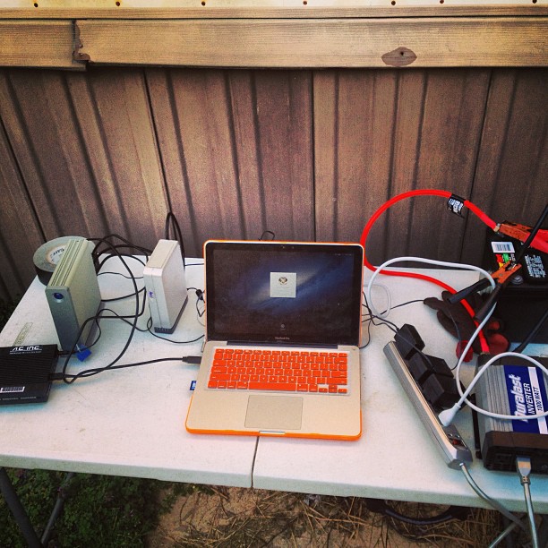 My remote DIT setup on day 1. We had no power access. I rigged up the lawn mower battery to an inverter.