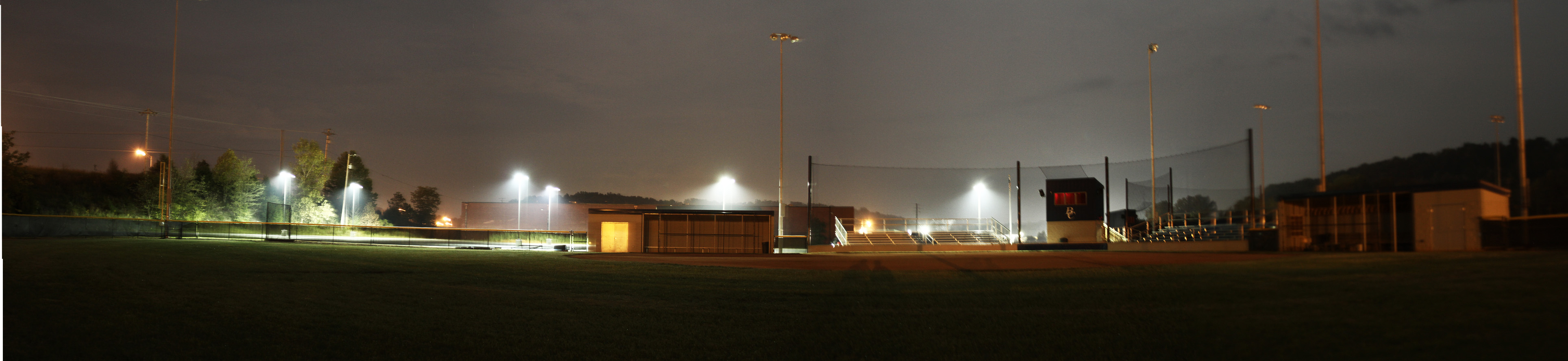 A panoramic photo taken late at night on the Butler County softball field. Composed of 4 separate long exposures.