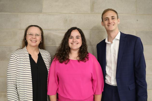  Dr. Carmen Agouridis, Senior Associate Dean for the Martin Gatton College of Agriculture Food and Environment at the University of Kentucky (left), and Taylor Nash, Director of the KFB Young Farmers Program (right), pose with Maggie Drake at the conference at UK in June.   