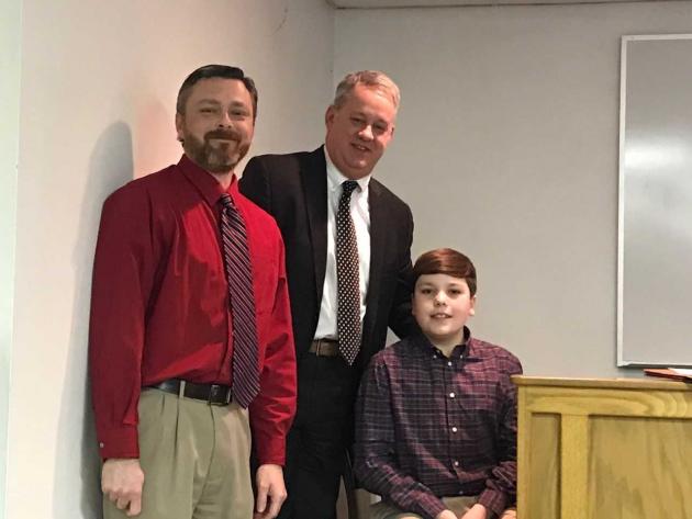 NBE Teacher Jimmy Felty, student Blake Bratcher and Supt. Scott Howard.