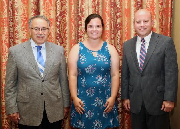 Kadi Hunt (center) is pictured with Dr. Larry Grabau, Associate Dean for the University of Kentucky College of Agriculture, Food & Environment (left) and Matthew Ingram, Assistant to the Executive Vice President and Director, Organization Division, Kentucky Farm Bureau (right), during the 2018 Institute for Future Agricultural Leaders (IFAL) at the University of Kentucky.