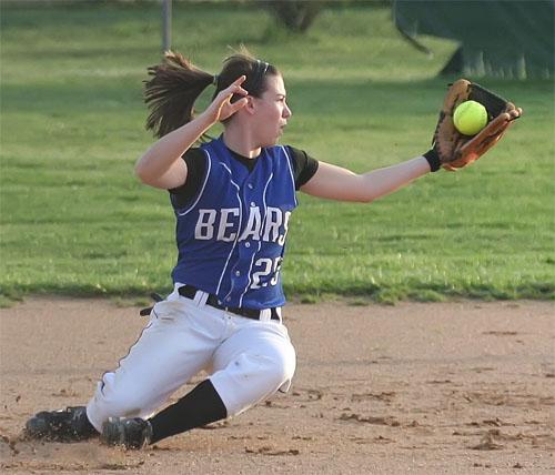 Shortstop Madeline Drake makes the falling catch