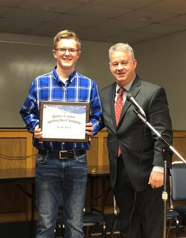 District Spelling Bee Winner Brady Jones and Butler County Schools' Superintendent Scott Howard