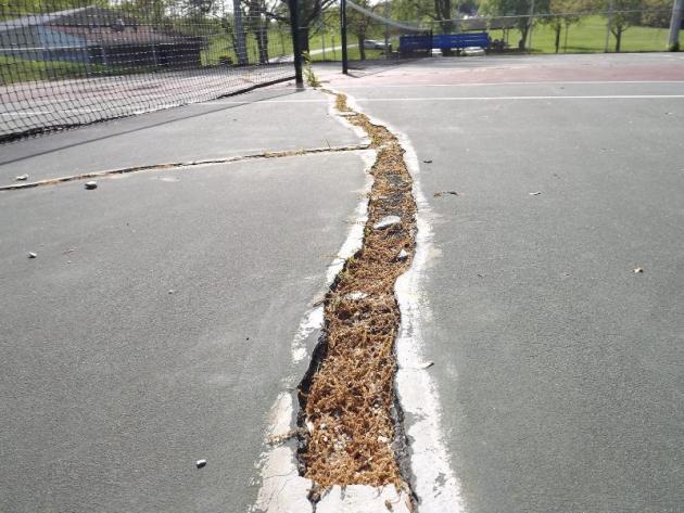 Crack in the tennis courts at Charles T. Black Park.  The BCHS High School team played their season on this court.