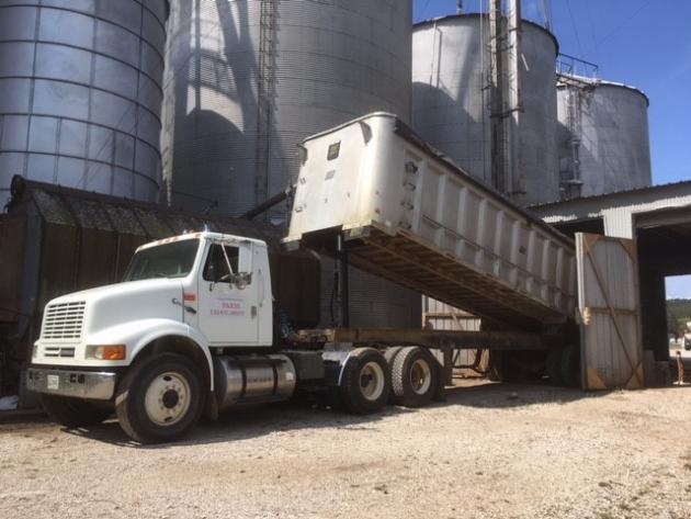 Truck unloads corn at Green River Feed Mill