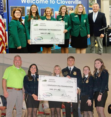 Kentucky farmers donated $735,815.88 to the Ag Tag Program for 2023. The voluntary donations are divided equally among Kentucky 4-H, Kentucky FFA, and the Kentucky Department of Agriculture (KDA). This year each group received $245,271.96. Commissioner of Agriculture Dr. Ryan Quarles presented members of 4-H (top) and FFA (bottom) their Ag Tag donations Friday at the Kentucky State Fair. (Kentucky Department of Agriculture)