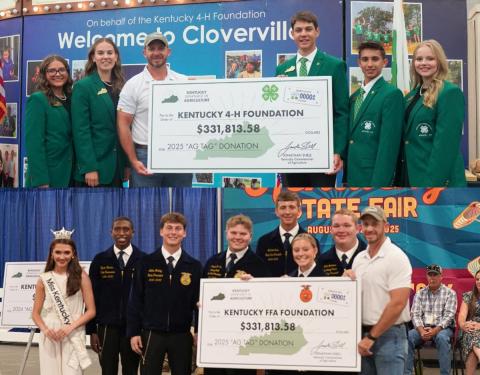 Kentucky farmers donated a record-breaking $995,440.74 to the Ag Tag Program for 2025, the largest amount ever donated in a single year. Ag Commissioner Jonathan Shell presented representatives from Kentucky 4-H (top) and Kentucky FFA (bottom) checks for $331,813.58 for each of their programs from the Ag Tag Funds. (Kentucky Department of Agriculture)