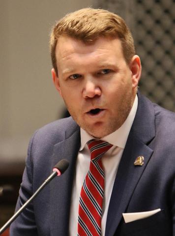 Rep. Jared Bauman, R-Louisville, speaks on House Bill 5, a comprehensive public safety measure known as the Safer Kentucky Act, on the House floor on Thursday. 