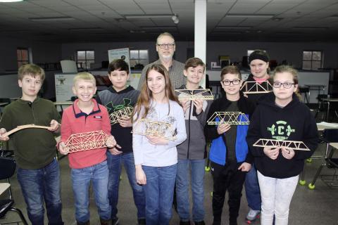2019 Bridge Builing Team:  Dastin Scott, Cayden Southerland, Jayden Jenkins, Ryleigh White, Brennon Bartley, Preston Clark, Savannah Coin, Larkin O'Connel, Coach Dennis McCrocklin (not pictured Jeffrey Parrish)