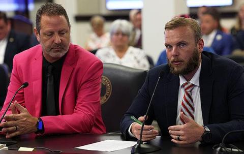 Rep. Steven Doan, R-Erlanger, (right) testifies Tuesday about legislation related to keeping chickens on residential property. He is joined by a constituent, Eric Bunzow (left). A high-resolution photo can be found here.