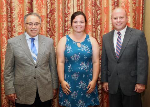 Kadi Hunt (center) is pictured with Dr. Larry Grabau, Associate Dean for the University of Kentucky College of Agriculture, Food & Environment (left) and Matthew Ingram, Assistant to the Executive Vice President and Director, Organization Division, Kentucky Farm Bureau (right), during the 2018 Institute for Future Agricultural Leaders (IFAL) at the University of Kentucky.