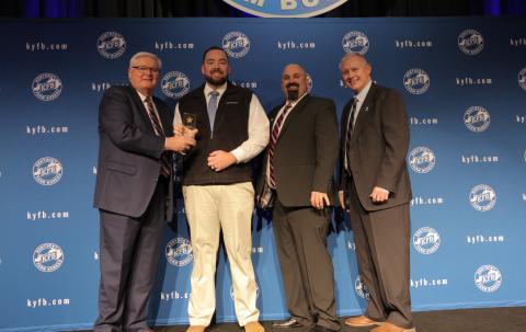 Butler County Farm Bureau receives 2019 Young Farmer Gold Star Award of Excellence.  Pictured above are: Kentucky Farm Bureau President Mark Haney, Butler County Farm Bureau Young Farmer Chair Caleb Smithson, Butler County Farm Bureau President Greg Drake, and Kentucky Farm Bureau Federation Executive Vice President Drew Graham. The award was presented during a December 6 recognition program at the 100th Kentucky Farm Bureau annual meeting.