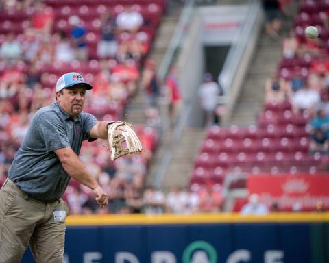 Jason Mode took the mound at Great American Ball Park to throw out the ceremonial first pitch