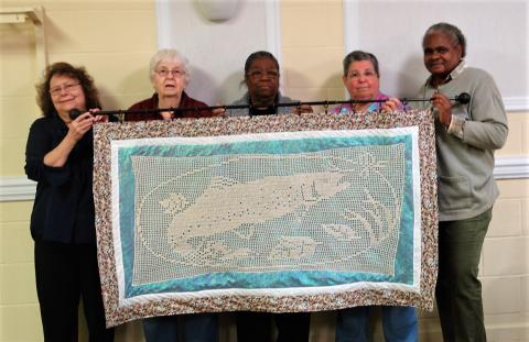 Christine , Beverly Hayes, Maurleen Jasmine, Linda Pendley and Kathy Vernon and the "Dreaming of Trout Fishing" wall hanging