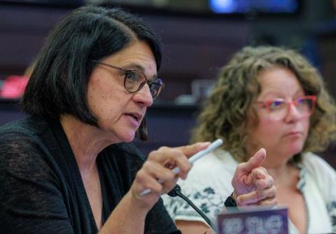 Rep. Tina Bojanowski, D-Louisville, left, speaks during Tuesday’s Interim Joint Committee on Education meeting. The state’s top education official testified about a new accountability system that’s being developed. With Bojanowski is Rep. Adrielle Camuel, D-Lexington. 