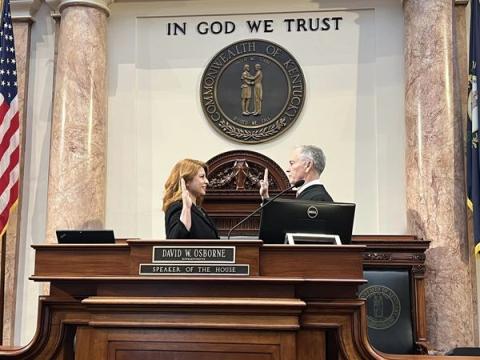 Rebecca Raymer takes the oath of office as a House member of the Kentucky General Assembly.