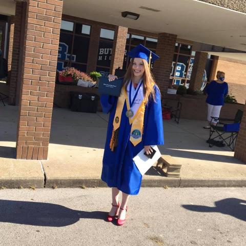 Valedictorian Emily Tyree with her diploma. Tyree gave the traditional speech at Saturday's event. 