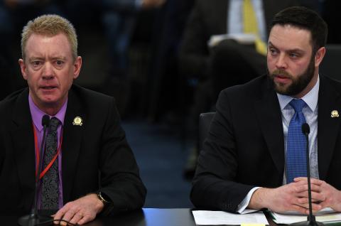 Rep. Michael Meredith, R-Oakland, (right) and Rep. Al Gentry, D-Louisville, testifying together on House Bill 551, a bill to legalize sports betting in Kentucky.