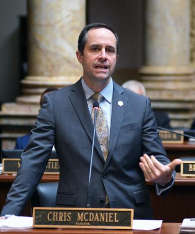 A photo from Wednesday’s Senate floor session can be found here. It shows Sen. Christian McDaniel, R-Taylor Mill, testifying on House Bill 1, the state’s two-year budget plan. 
