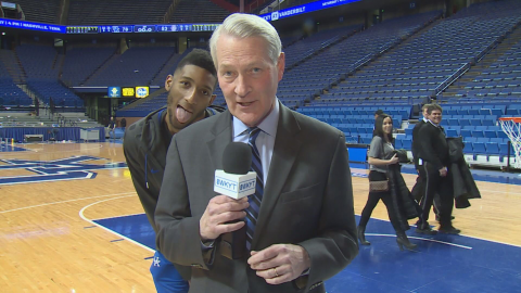 Rob Bromley has always been a fan favorite, but UK players feel the same way as shown by Marcus Lee having a little fun with a photobomb during Bromley postgame report. (Steve Moss Photo)