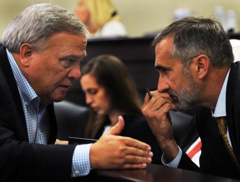 A photo from Wednesday’s meeting on the Interim Joint Committee on Education. It shows Senate President Robert Stivers II, R-Manchester (left), conferring with Senate President Pro Tem David P. Givens, R-Greensburg, during the meeting.   