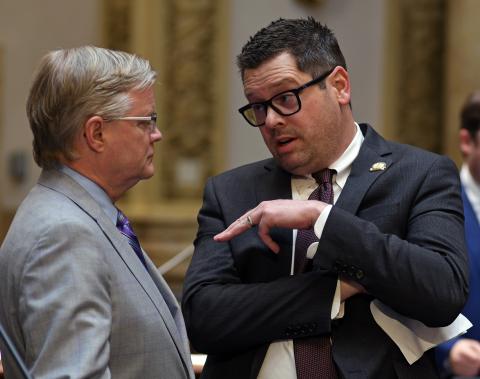A photo from the state Capitol this week is available here. It shows Senate Majority Floor Leader Damon Thayer, R-Georgetown (left), consulting with House Majority Floor Leader Steven Rudy, R-Paducah.