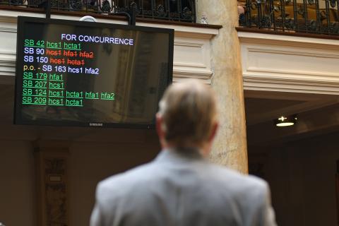 A photo from the Capitol this week is available here. It shows the vote screen in the Senate chamber as legislators work to concur on bills. 