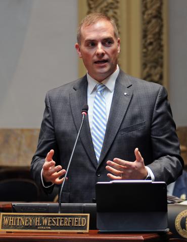 Sen. Whitney Westerfield, R-Crofton, explaining House Bill 3, an act relating to judicial venues.