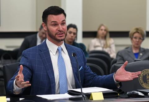 A photo from the Senate Judiciary Committee meeting can be found here. It shows Sen. David Yates, D-Louisville, speaking on behalf of Senate Bill 23, which seeks to curb package theft.
