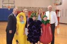 Superintendent Scott Howard, NBES 4th grader Lucas Inglis, Author Linda Hawkins, NBES 4th grader Lanny Blunk, Kaitlin Harrison, NBES 4th grader Will Bryant and Tom Jones, Morgantown Bank & Trust CEO