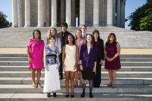 Flanked by Warren RECC chaperones Lori Hardcastle and Stephanie Holland, Warren RECC Washington Youth Tour students (l to r) Kaitlyn Coots, Lila Whittinghill, David Thoma, Aaliyah Sejmenovic, Eleanor Dotson, Owen Adkins, Jana Dickerson and Evelyn Burdette, gathered at the Jefferson Memorial.
