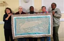 Christine , Beverly Hayes, Maurleen Jasmine, Linda Pendley and Kathy Vernon and the "Dreaming of Trout Fishing" wall hanging