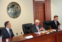 Mark Haney, President of Kentucky Farm Bureau, center, moderated today’s “Measure the Candidates” forum with gubernatorial candidates Matt Bevin (R), left, and Jack Conway (D), right.
