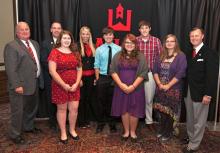 Butler County High School: WKU honored six students from Butler County High School. From left: principal Patrick O’Driscoll, counselor Duane Curry, Laura Hunt, Sierra Fields, Austin Vonaxelson, Kaley Burden, Alex Hall, Mahkala Burden, WKU President Gary Ransdell. (WKU photo by Clinton Lewis)   
