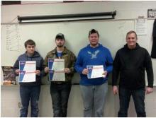 From left to right: Danny Matt Richmond- Senior Engine Repair, Steering and Suspension: Matthew “Matt’ Moore -Steering and Suspension Brakes: Logan Belcher Steering and Suspension, Engine Repair and Brakes: Randall Collins, Automotive Instructor  
